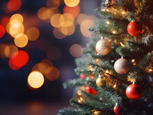 Christmas Tree With Ornaments, Blurred Background With Lights And Space For Text