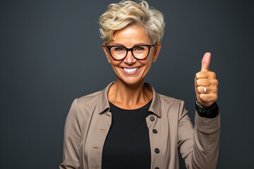 Wall Mural - portrait of a expression of a happy laughing senior woman with grey hair against grey background who holds her thumbs up 