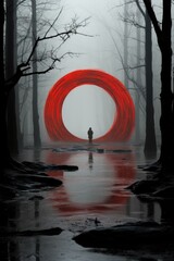 Canvas Print - A red circle in the middle of a forest, AI