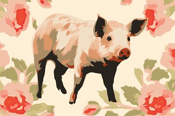 Wall Mural - Pig Simplified: Charming Minimalistic Pattern for Farm-Themed Fabric, generative AI