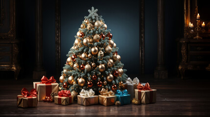 Wall Mural - Christmas tree with gifts in living room, wrapped colorful boxes on the floor, Christmas interior