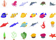 Seabed icons set isometric vector. Wild fish sea. Marine ocean shells
