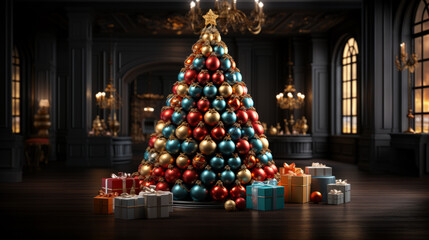 Wall Mural - Christmas tree made of colorful Christmas baubles in interior. Creative Christmas tree