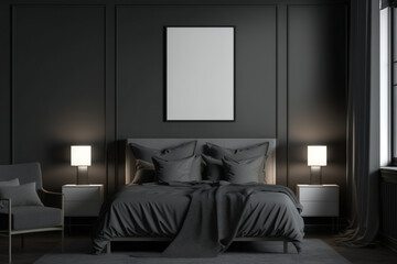 Interior of a black bedroom with a gray bed, a lamp, and a horizontal poster in a frame hanging above the bed. a mockup. Generative AI