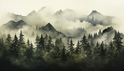 Sticker - Mountain landscape with fog, trees, and grass in summer meadow generated by AI
