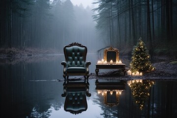 Wall Mural - A chair and a christmas tree sit in a pond, AI