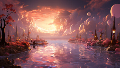 Wall Mural - Sunset night, nature dusk, cloud sky, landscape water, illustration fantasy generated by AI