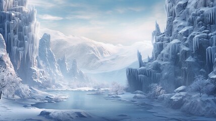 Poster - Winter Landscape with Icicles and Frosty Scenery Background