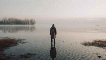 Wall Mural - One man standing, looking at tranquil scene, surrounded by nature generated by AI