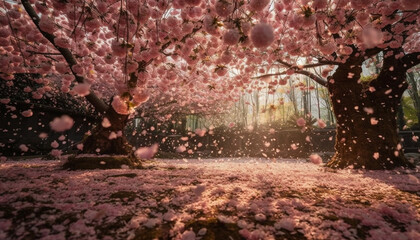 Poster - Cherry blossom tree in springtime, pink petals illuminate cityscape generated by AI