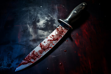 Fototapeta scary conceptual image of a bloody knife on the table. the concept of committed murder, crime	
