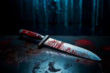 Fototapeta scary conceptual image of a bloody knife on the table. the concept of committed murder, crime	