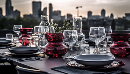 Poster - City skyline glows at dusk as luxury wine flows outdoors generated by AI