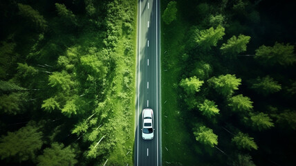 Wall Mural - driving along a country road through the forest in summer. view from above