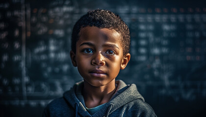 Wall Mural - Serious schoolboy with curly hair looking confidently at camera outdoors generated by AI