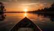 Silhouette of nautical vessel rowing on tranquil sunset reflection generated by AI