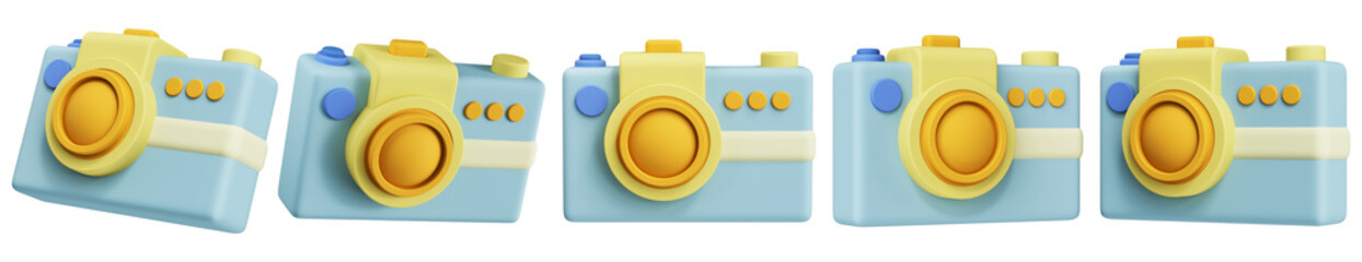 Set of blue cartoon illustration of the camera in various positions in 3D style. Trendy elements with a plastic effect.