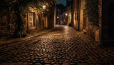 Fototapeta Uliczki - Medieval architecture illuminated by old fashioned lanterns on cobblestone streets generated by AI