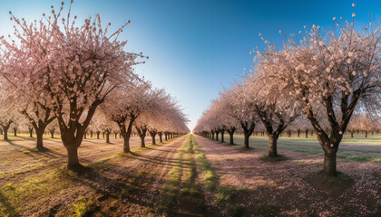 Poster - Tranquil meadow, blossoming orchard, beauty in nature vanishing point generated by AI