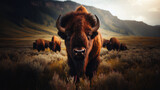 Fototapeta  - Bisontes salvajes en la naturaleza mirando a la cámara