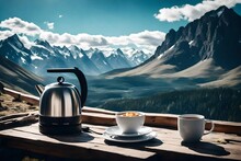 A Stylish Electric Kettle With A Scenic Mountain View.