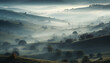 Tranquil sunrise over panoramic rural landscape with misty mountains generated by AI