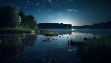 Canvas Print - Tranquil scene of a rural forest pond at dusk reflecting beauty generated by AI