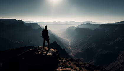 Poster - One person standing on mountain peak, back lit by sunset generated by AI