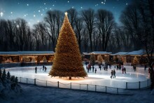 A Festive Outdoor Ice Skating Rink With A Christmas Tree.