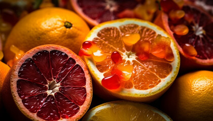 Canvas Print - Juicy citrus slices on wooden table, vibrant colors and freshness generated by AI