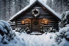 A Snow-covered Cabin With A Wreath On The Front Door.