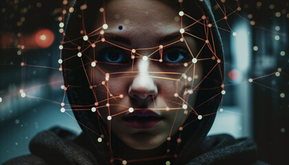 Young adult portrait illuminated by futuristic technology, looking at camera generated by AI