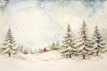 Watercolour Illustration Of A Colorful Snowy Christmas Forest Snow December Cottage Core In A Painted Textured Style With Pine Trees For Cards/journal/stationary Design Hand Drawn Look