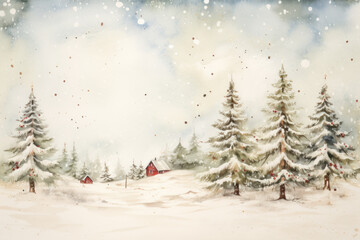 watercolour illustration of a colorful snowy christmas forest snow December cottage core in a painted textured style with pine trees for cards/journal/stationary design hand drawn look