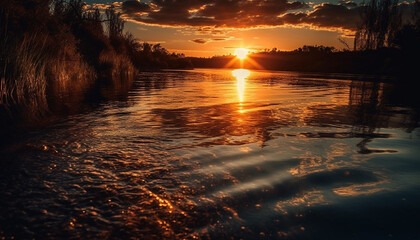 Poster - Vibrant sunset over tranquil water reflects beauty in nature landscape generated by AI