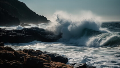 Poster - Beauty in nature  sunset over rough seas, crashing waves spray generated by AI