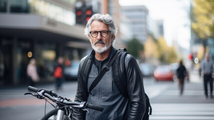 Wall Mural - City cyclist: An adult man confidently navigates the streets, his trusty bicycle accompanying him on his journey.