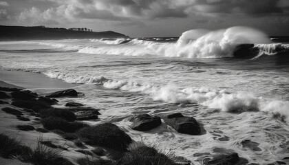 Poster - Breaking waves on dramatic coastline, nature beauty in monochrome generated by AI