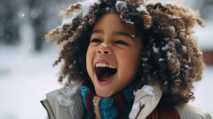 Wall Mural - Winter of joyful portrait of happy african american kid playing with snow.