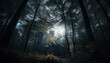 © djvstock - Spooky forest mystery  dark autumn landscape, tranquil footpath, backlit silhouette generated by AI