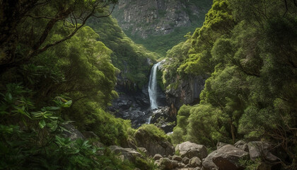 Sticker - Tranquil scene of flowing water in majestic mountain range generated by AI