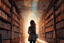 Color Block Digital Illustration Of A Young Woman In Dark Academia Library/bookstore With Books Reading/working/research In A Textured Hand Drawn Style For Focus/concentration/productivity