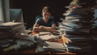 Overworked businessman sitting at messy desk, surrounded by paperwork chaos generated by AI