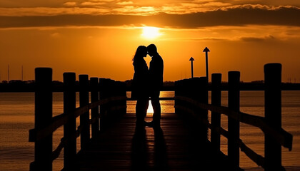 Wall Mural - Romantic couple embraces at tranquil sunset on serene coastline generated by AI