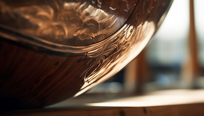 Old fashioned wood plank table with ornate gold decoration and reflection generated by AI