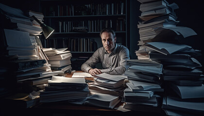 Canvas Print - One overworked businessman studying literature in a large library generated by AI