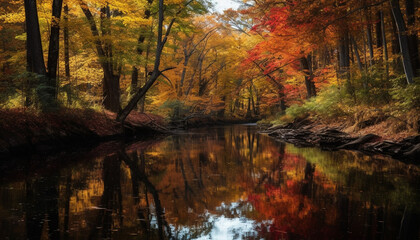 Poster - Tranquil autumn forest reflects vibrant colors of nature beauty generated by AI