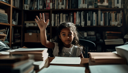 Wall Mural - Cute schoolgirl studying literature in library, surrounded by books generated by AI