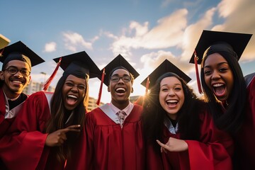 In this vibrant photo, a group of graduates stands together against a backdrop of a breathtakingly bright and clear sky.  