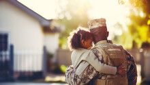 African American Veteran Soldier In Uniform Hugs His Little Daughter Touchingly And Tightly While Standing In Front Of Their House. Emotional Military Happy Homecoming Concept. Sunny Day. Copy Space